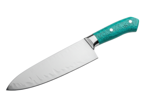 Isolated chef's kitchen knife with cyan handle for cooking and food preparation, professional equipment