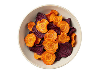 Isolated bowl of carrot and beetroot chips, healthy vegan snack, alternative to potato chips