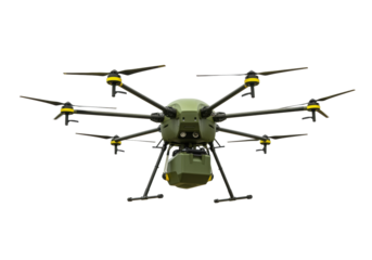 Isolated hexacopter drone carrying package, green army color, six propellers, technology concept