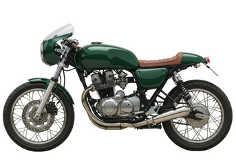 Isolated vintage green cafe racer motorbike, classic style motorcycle with brown leather seat