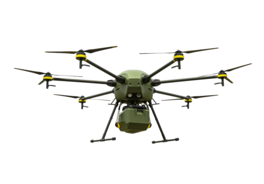 Isolated hexacopter drone carrying package, green army color, six propellers, technology concept