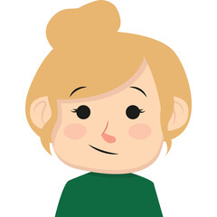 Stylized cartoon portrait of a young woman with blonde hair in a messy bun wearing a dark green sweater isolated on a white background