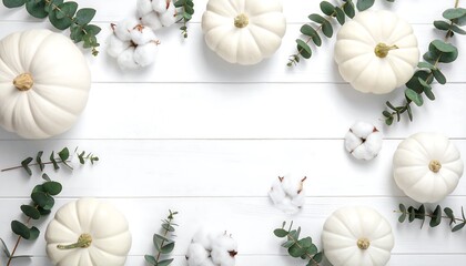 Elegant Autumnal Arrangement - White Pumpkins and Eucalyptus on White Wood.