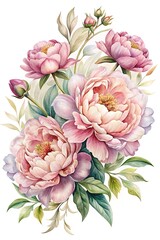 Watercolor pink peonies and buds with green leaves isolated