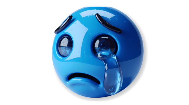 3D blue colour sad emoji on transparent background.