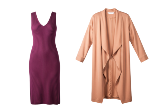 Isolated fashion set, stylish knit dress and jacket, women's fall and winter apparel, vogue style