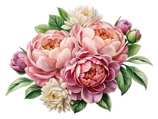Vibrant watercolor pink peony and white flower bouquet, elegant art.