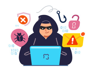 Hacker with laptop stealing personal data. Phishing attack, malware, virus, cyber security and internet privacy