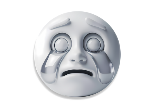 3d rendered white crying emoji on white background.