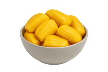 Ripe yellow jackfruit segments filling a bowl, tropical healthy fruit on transparent background