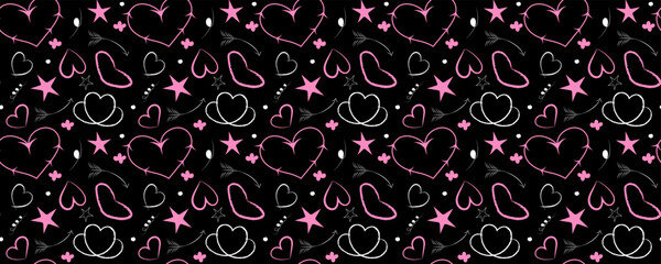 Bold alternative seamless vector pattern featuring vibrant pop-pink and white doodle hearts, arrows, and stars on deep black background, perfect for teen textile or edgy Valentine's digital paper.