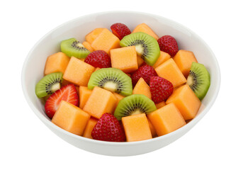 Isolated fruit salad mix with cantaloupe cubes, kiwi slices and strawberry pieces, fresh food