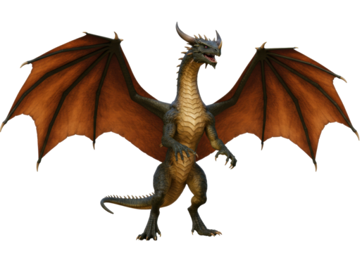 Isolated Dragon on White with Wings, Mythical Creature Standing, Fantasy Concept Art