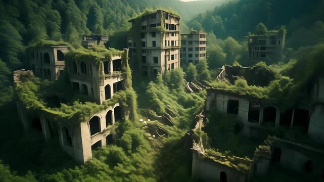 Overgrown ruins of a forgotten city nestled in a dense, verdant forest landscape