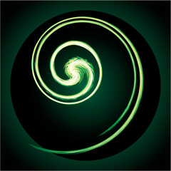 Bright circular white midpoint drawing wave flame shape art design. Fuzzy magic laser sphere form in modern creative fur line style. Lime color power sun boom ball symbol on dark night space for text