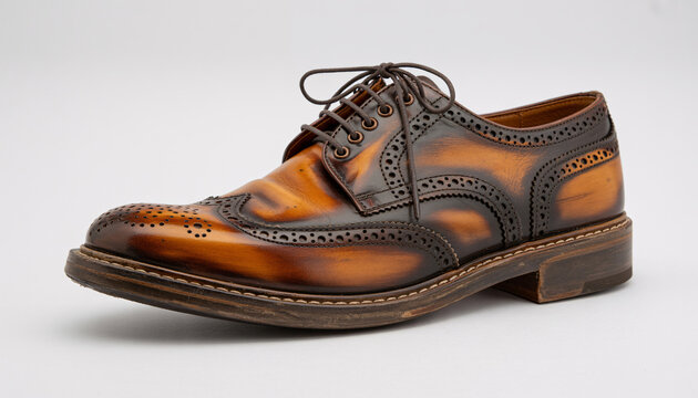 A single brown leather brogue shoe with intricate detailing and laces, isolated on a white background
