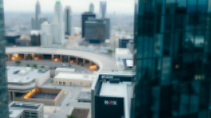 Modern city skyline with blurred buildings and highway view. Generative AI.