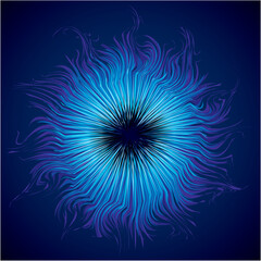 Fototapeta premium Bright cold cyan circular midpoint shape mystic art design. Sacred magic soul disc sphere form in modern creative tech line style. Navy aqua color motley power blast ball symbol on dark fond for text