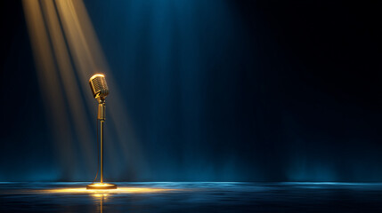 Golden microphone standing under spotlight on dark stage, symbolizing performance, talent, and creativity