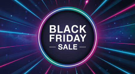 Obraz premium Black friday sale announcement with neon light streaks and a circular frame, promoting retail discounts and shopping events