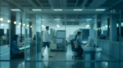 Blurred modern office interior with employees working at computers behind glass walls corporate workspace background. Generative AI.