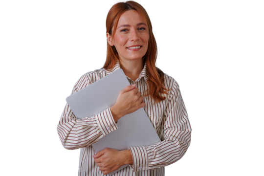 Professional woman carrying laptop, smiling business person with technological device, transparent background