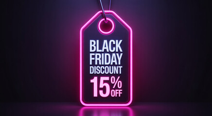 Black friday discount tag with 15 off, glowing neon pink, on a dark background with reflection