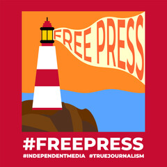 Free press abstract art, Lighthouse emitting light with text - free press, concept of independent media, true journalism.