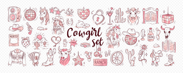 Western icon set with cowgirl, cowboy, hat, boots and bachelorette party doodles in pink vintage style. This cowgirl western vector is ideal for stickers, decor, cocktails or themed illustrations.