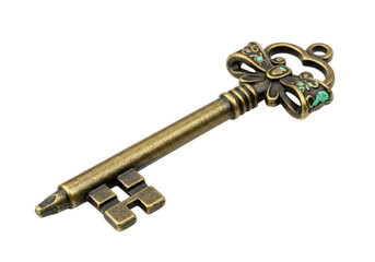 Isolated Antique Ornamental Key with Bow Design in Bronze Finish, Vintage Style Look