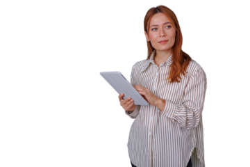 Professional woman using digital tablet, business communication, modern technology, redhead employee transparent background