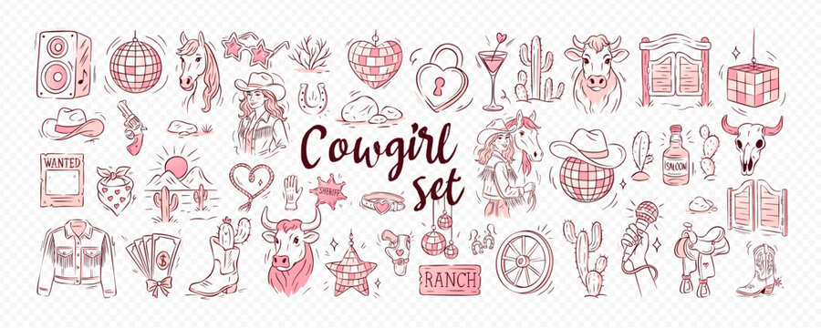 Western icon set with cowgirl, cowboy, hat, boots and bachelorette party doodles in pink vintage style. This cowgirl western vector is ideal for stickers, decor, cocktails or themed illustrations.
