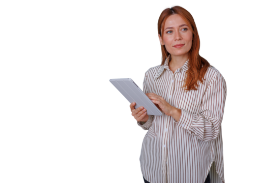 Professional woman using digital tablet, business communication, modern technology, redhead employee transparent background