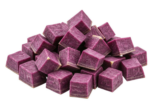 Isolated pile of purple yam cubes cut into square pieces, popular root vegetable snack