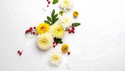 Floral arrangement with white and yellow chrysanthemums and red berries on white background.