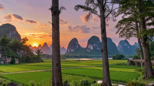 Beautiful scenery of mountains, countryside and sunset