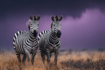 Obraz premium Beyond the safari: zebras facing nature's raw power in botswana. Daring imagery. Twin zebras in the heart of africa's wild with stormy blue sky. Oddly captivating. Vibrant expression.