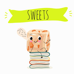 Tasty nougat, turkish delight, Halva confection, funny characters, hand drawn vector illustration.
