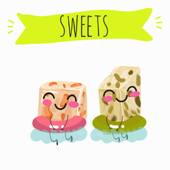 Tasty nougat, turkish delight, Halva confection, funny characters, hand drawn vector illustration.