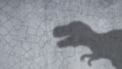 Blurred shadow of dinosaur shown on empty flat polished cement wall background.