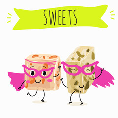 Tasty nougat, turkish delight, Halva confection, funny characters, hand drawn vector illustration.