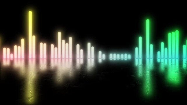 Animation of a multicolored sound equalizer with a glow and reflection effect. 4K