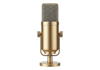 Isolated, golden microphone, studio equipment, digital device for professional sound recording