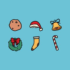Festive Christmas Icons Set Featuring Cookie, Santa Hat, Bell, Wreath, Stocking and Candy Cane