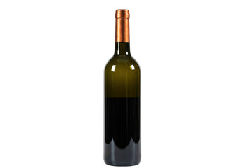 Isolated bottle of dark red wine with metal foil seal is displayed in studio light