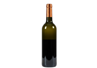 Isolated bottle of dark red wine with metal foil seal is displayed in studio light