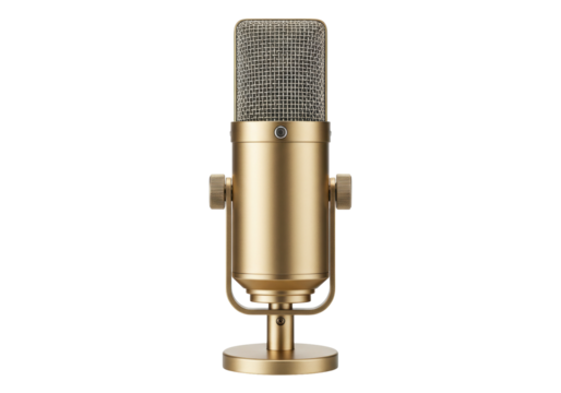 Isolated, golden microphone, studio equipment, digital device for professional sound recording