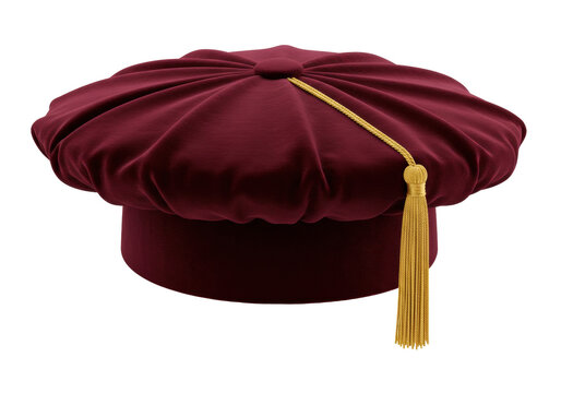 Isolated Doctoral tam with gold tassel for graduation ceremony, velvet academical cap