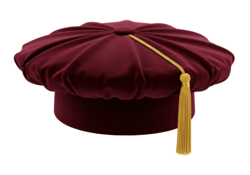 Isolated Doctoral tam with gold tassel for graduation ceremony, velvet academical cap