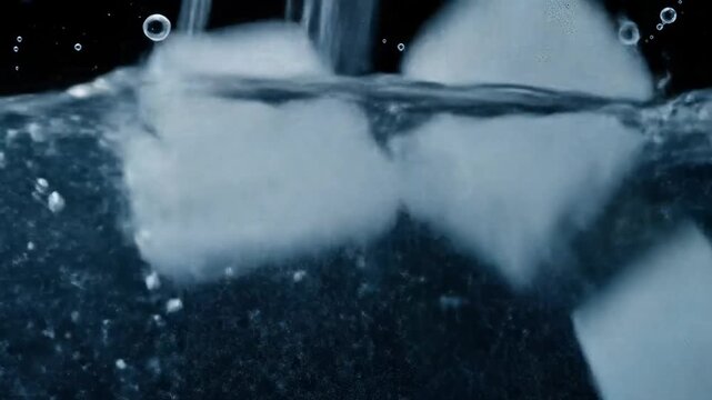 Ice cubes splashing into clear water in slow motion on black background. 4k videos